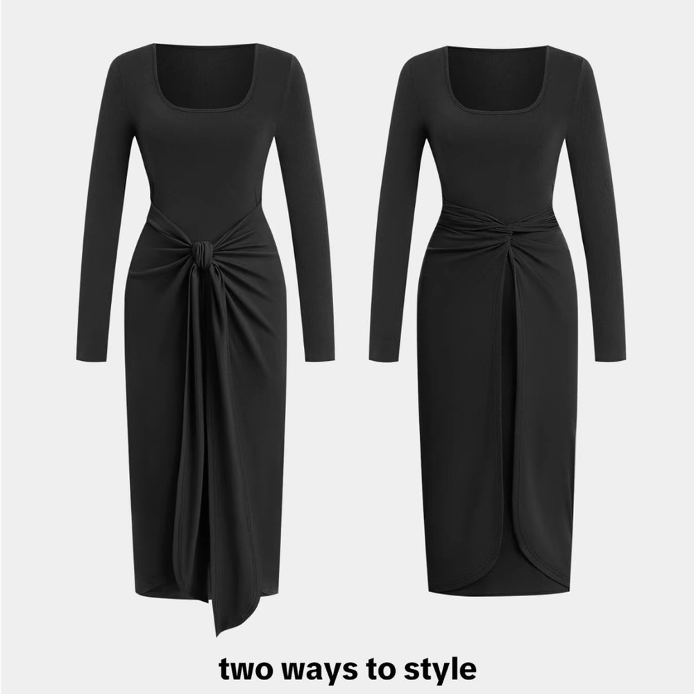 Black Long-Sleeve Knot-Detail Midi Dress